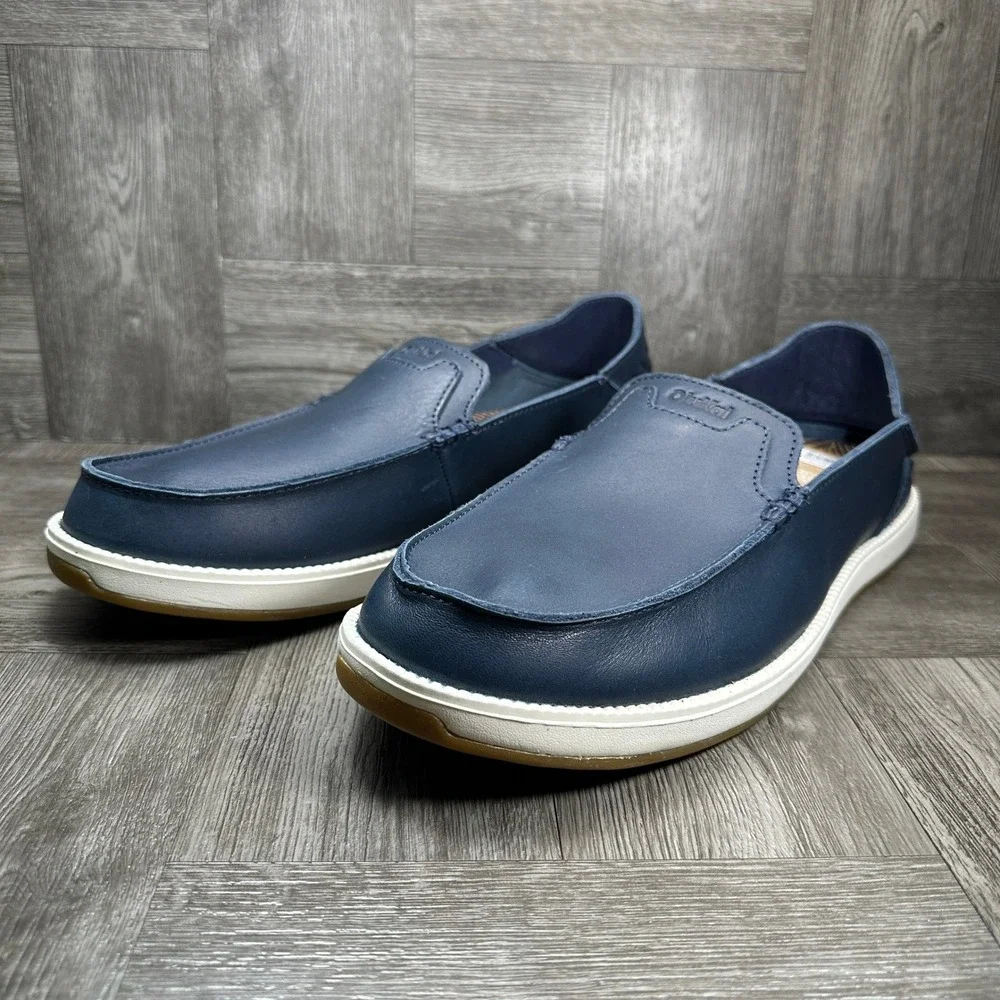 OluKai Kakaha Nia Mens 10.5 Navy Blue Leather Slip On Loafers NEW